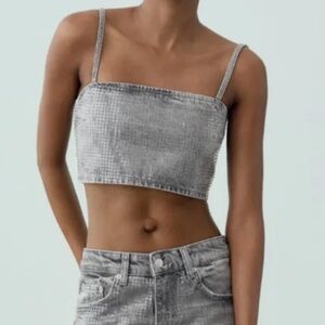 Zara light grey shiny denim crop top